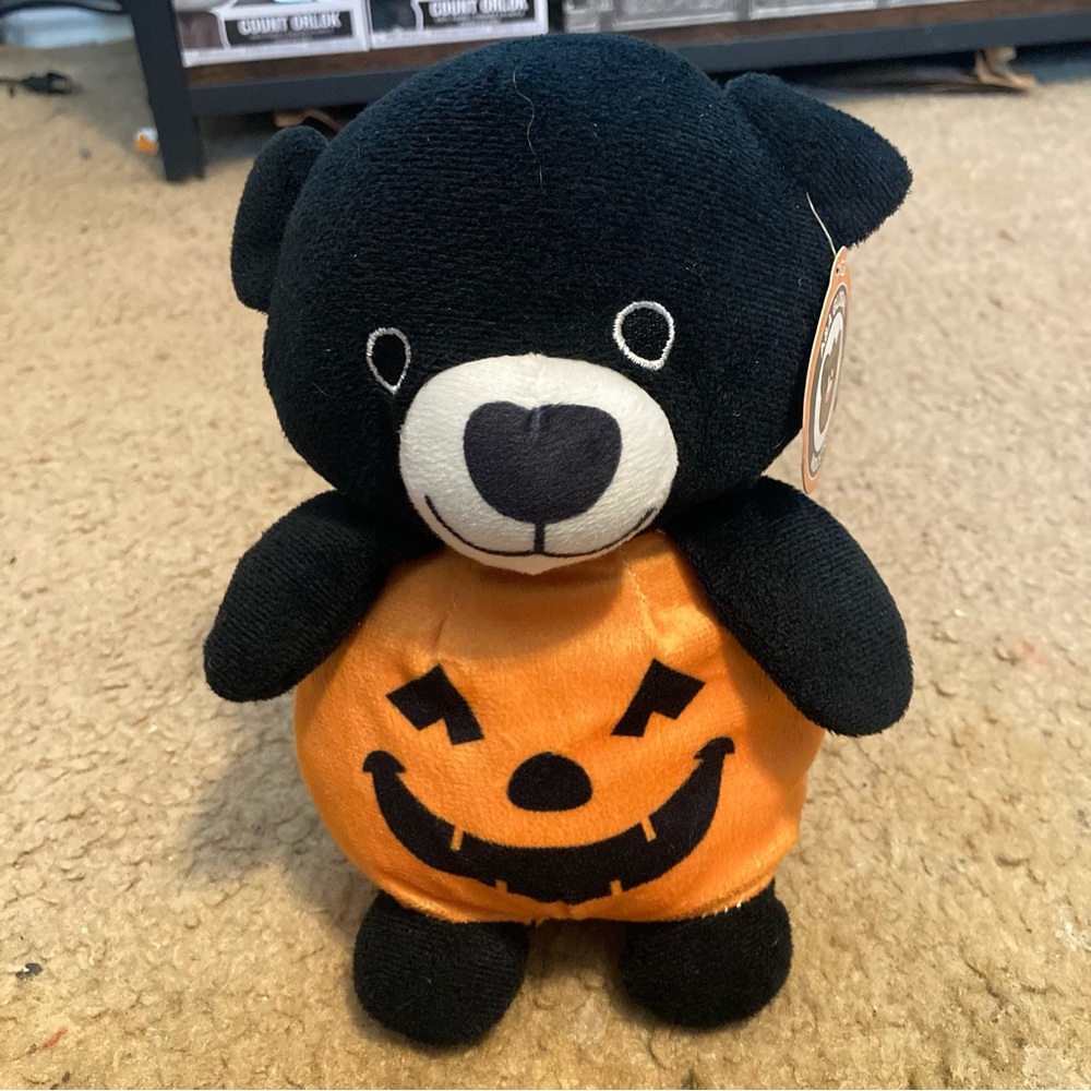 Halloween Black Bear Plush Toy with Orange Jack-O'-Lantern Outfit
